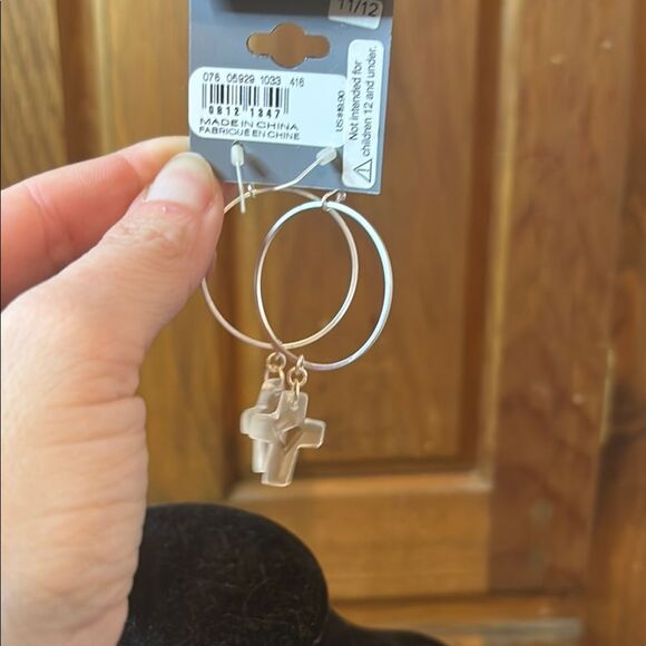 NWT Express Silver Tone Hoop Earrings with Cross Pendants - Picture 3 of 4